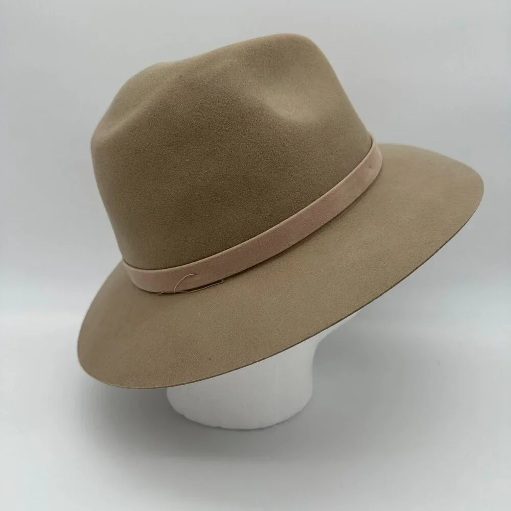 Phenix Women's Short Brim 100% Wool Suede Trim Fedora Hat, OSFM, Beige
